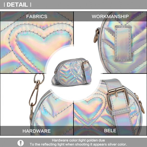 LH6834 - Miss Lulu Quilted Heart and Chevron Cross Body and Bum Bag - Iridescent Silver